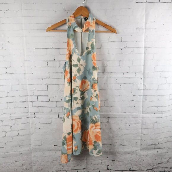 LULU'S BLUE WITH ORANGE FLORAL PART OF YOUR WORLD SLEEVELESS MINI DRESS SIZE M - Picture 3 of 8